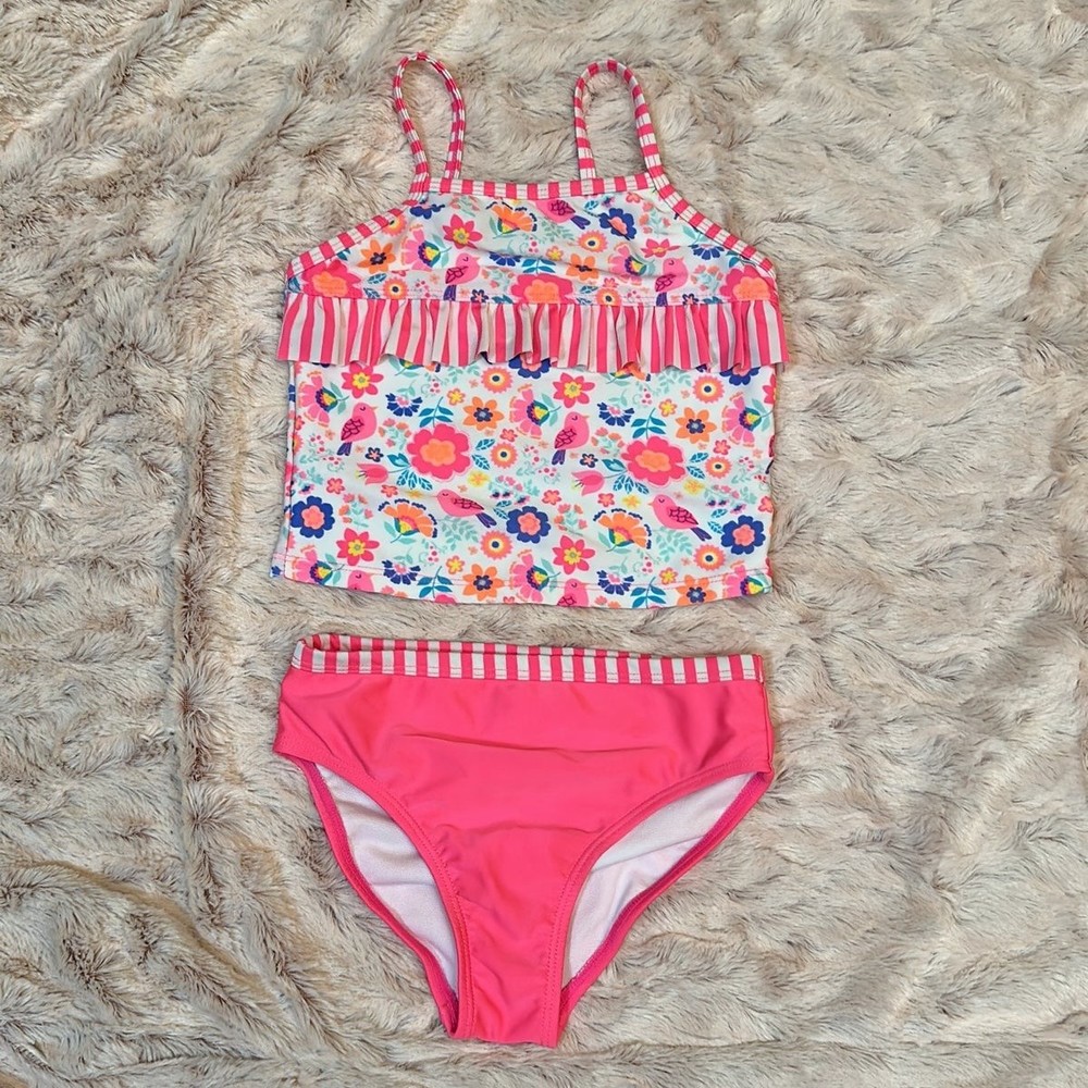 Wonder Nation Hot Pink Striped Floral 2 piece Swimsuit Girls 5T